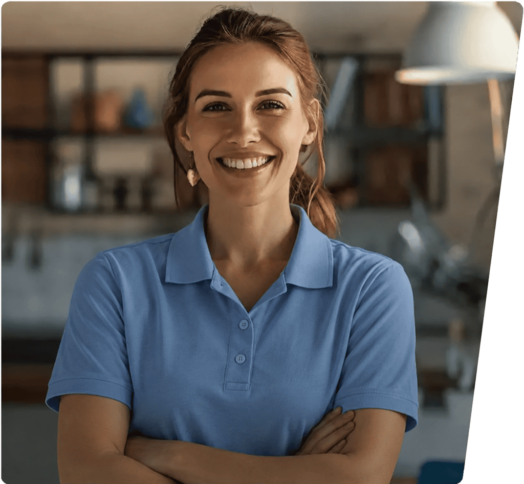 Lächelnde Frau in blauer Bluse vor modernem Hintergrund.